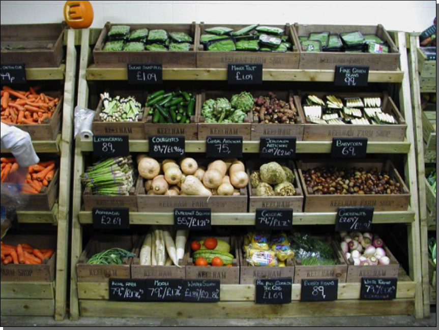 Repro quarter and half english bushel boxes in Keelham farm shop near Bradford

